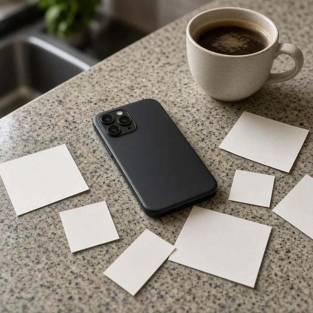 Celular virado sobre a bancada, papéis soltos e uma xícara de café. Imagem ilustrativa