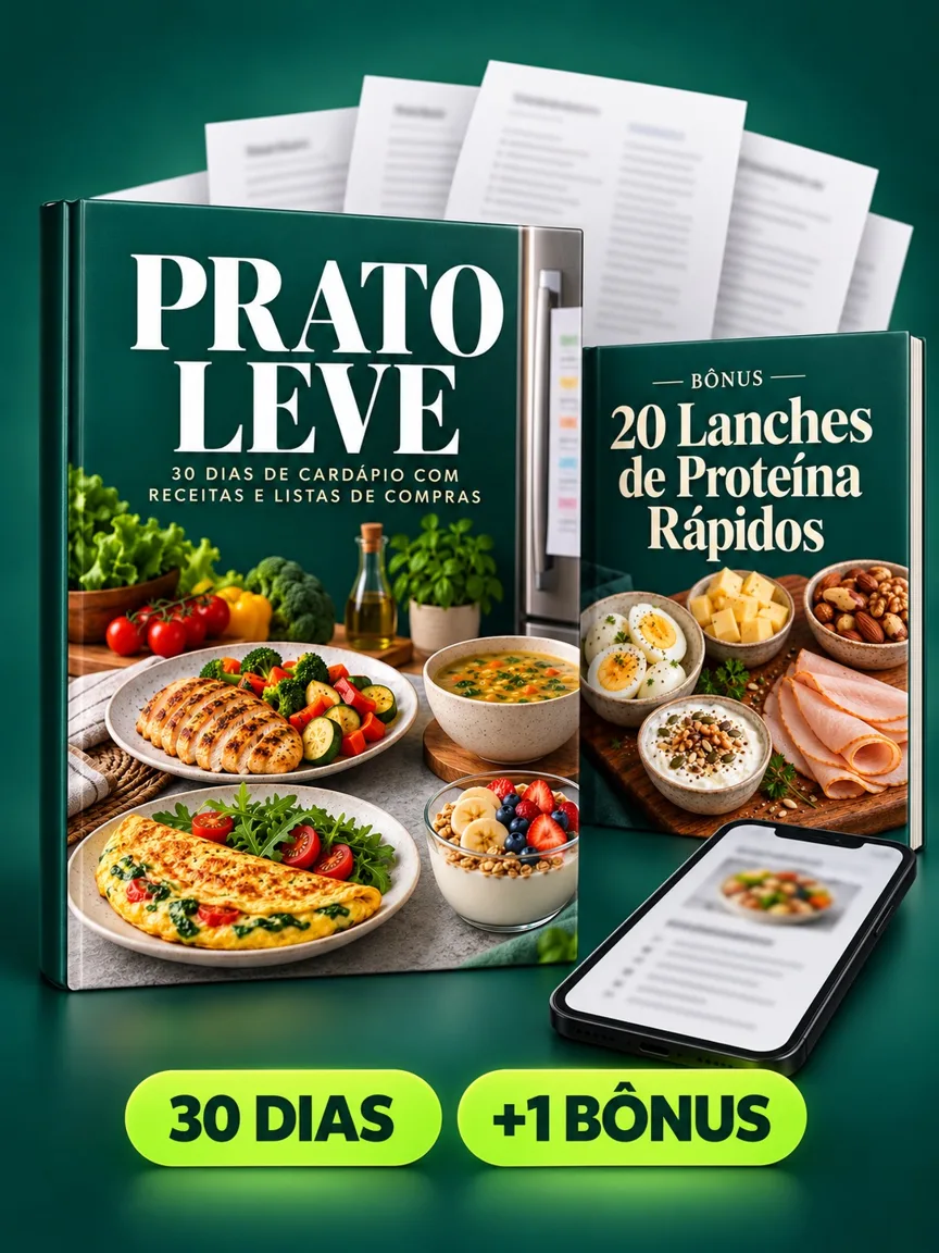 Montagem ilustrativa do Prato Leve: livro com a capa, páginas do material e celular e capas dos bônus