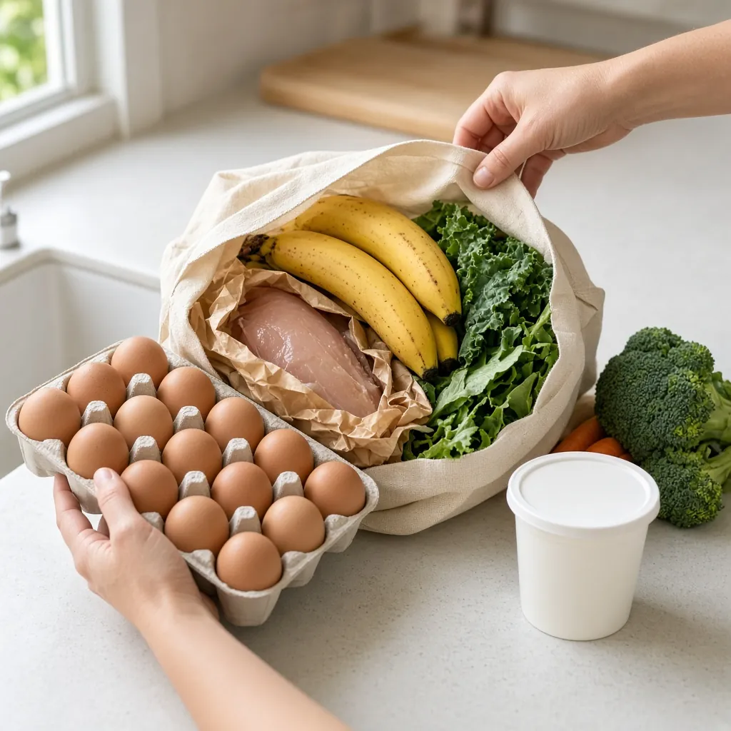 Mãos tirando ovos, banana, frango e verduras de uma sacola de pano. Imagem ilustrativa