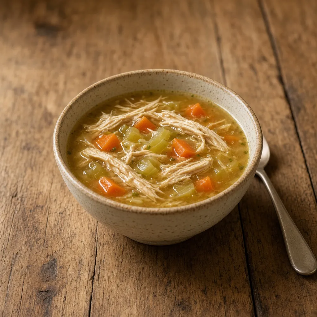 Tigela pequena de sopa de frango com legumes. Imagem ilustrativa
